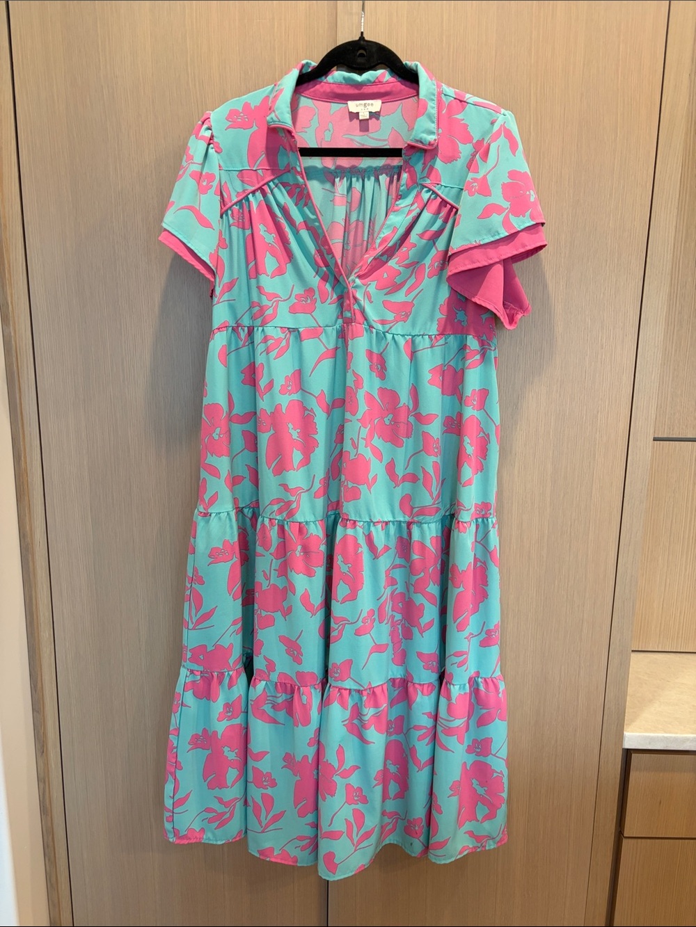Umgee Aqua and Pink Floral Midi Dress
